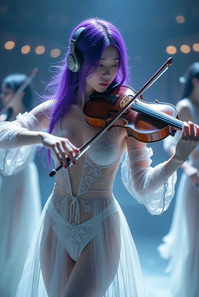 Korean purple hair butterfly woman with headphone and white transparent outfit shiny glittering sexy full body background orchestral auditorium Apocalypse holding instrument white transparent outfit 