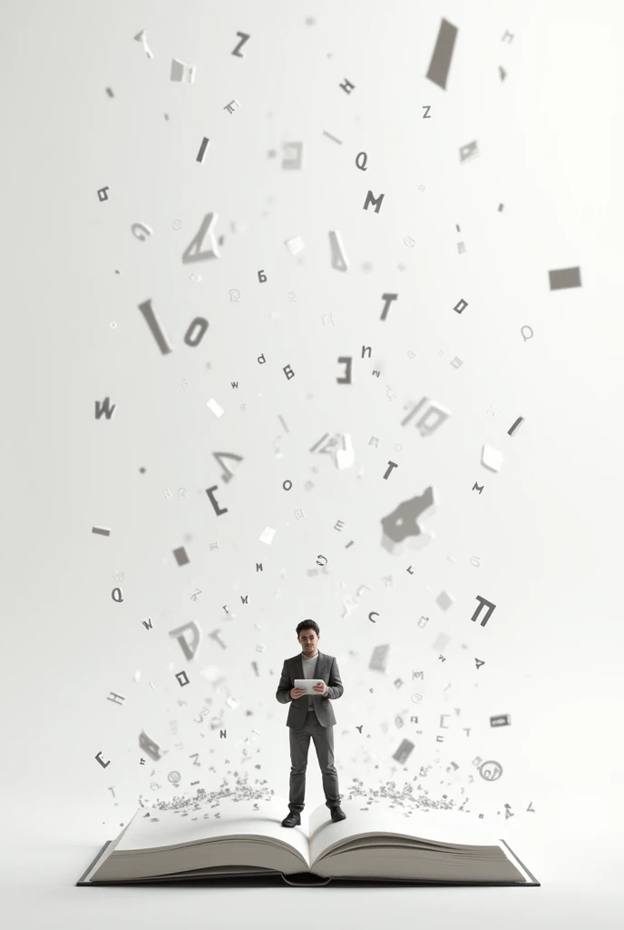 A complex image with a simple big meaning, letters falling on digital on a computer keyboard text keys falling, a man standing on a book holding a tab white background