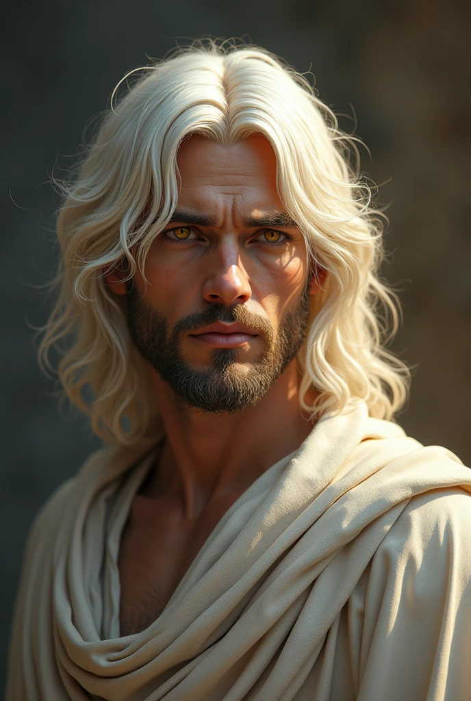 Jesus with the face of a Jew, hair as white as snow and eyes of fire, with a serious face who will judge with justice, with the face of a young man and without jewelry, with divine clothing and fire in his eyes.