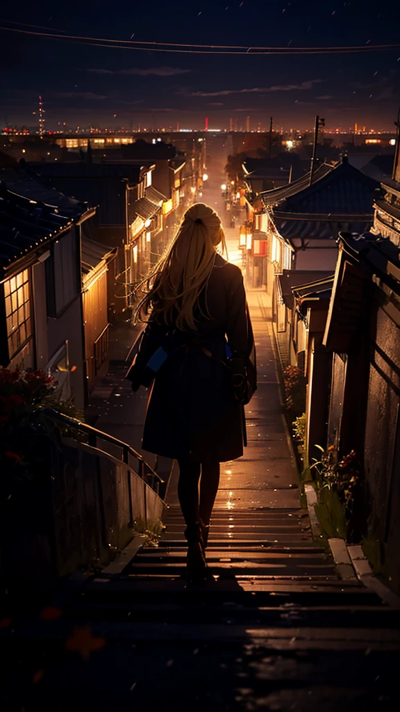 １people々々々々々々々々々々々々々々々々々,Blonde long-haired woman，Long coat， Dress Silhouette， Rear View， Anime Style,evening， Autumn Festival Street，night，City view from the top of the stairs，