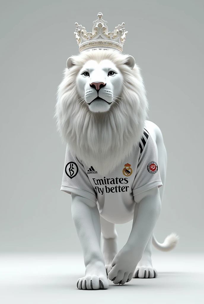 Real Madrid's football jersey and there is a "Emirtaes Fly Better" word in the middle of the jersey. And big white lion is wearing this jersey and lion is wearing white corwn also and walking on 4 foots