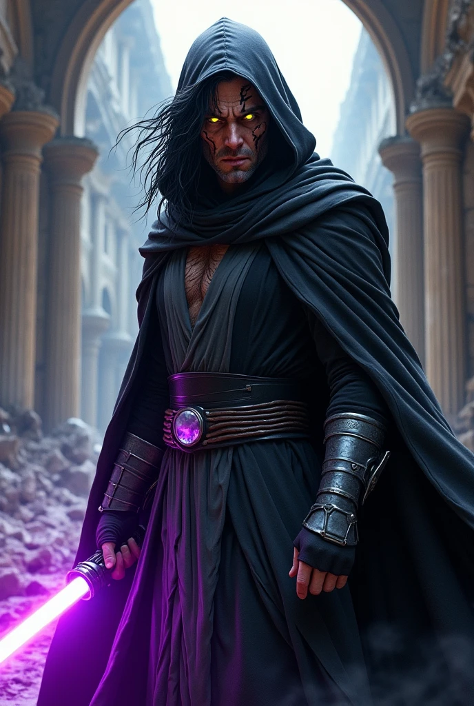 Dark male Sith lord with glowing yellow eyes, with long, wavy, messy black hair, . Wearing a black hooded cloak and dark metal belt and silver bracelets and shoulder pads...His heavily scarred chest is exposed beneath his black cloak. In an attack pose he holds a purple lightsaber in an arena of ruins.