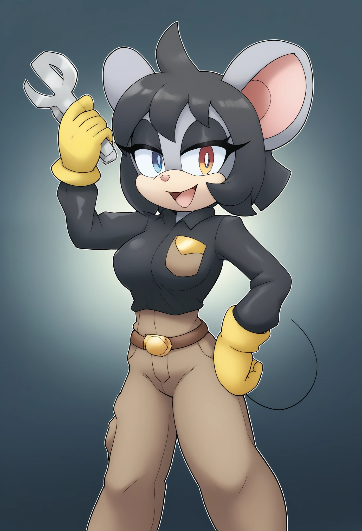 1girl, tail, gloves, solo, jumpsuit, heterochromic eyes, Prismatic Eyes animal ears, hand on own hip, smile, open mouth, breasts, furry female, belt, furry, looking at viewer, Holding a wrench,  pocket, arm up, outline, mouse ears, mouse tail, white outline, black hair, short hair, mobian, mobius city, happy, yellow gloves, grey gloves, mouse girl, medium breasts, shirt, animal nose, :d, cropped legs, standing, brown belt