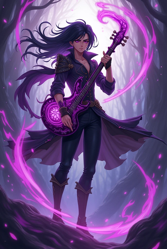 bard and his instrument, helping his team, anime style character, with dark energy that merged with purple creating a new color, full body from head to toe