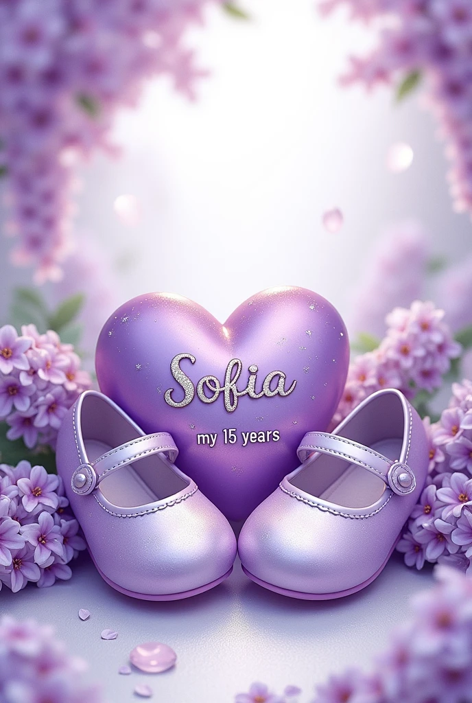 Illustration of some very cute lilac shoes with silver glitter next to a silver and lilac heart, which bears the name of very beautifully and brilliantly "sofia" and the phrase "my 15 years" with shiny metallic letters, on a background of lilac flowers, white and silver.
