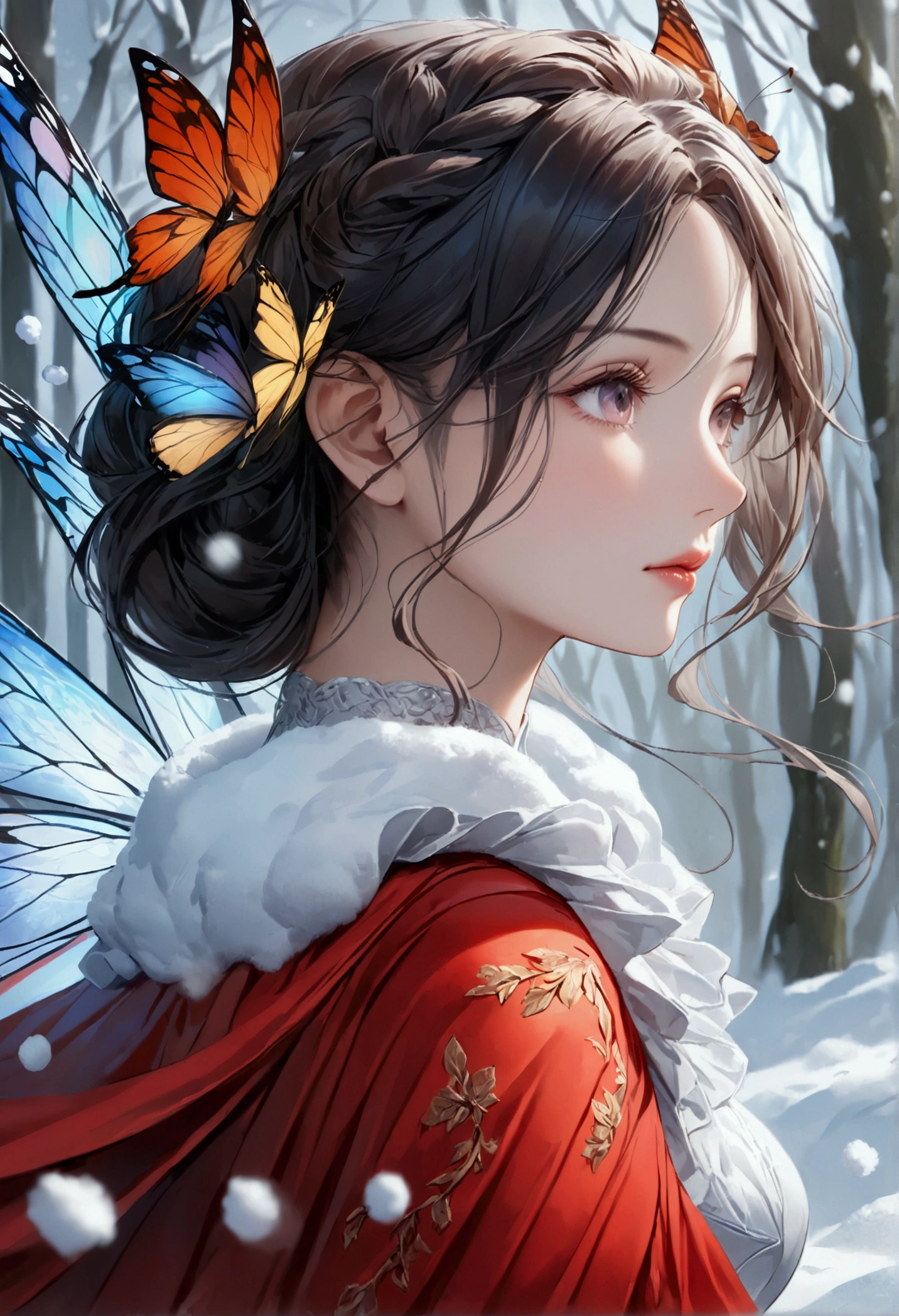 (oil painting art: 1.5) a most beautiful fairy playing in the snow, a beautiful fairy, ((full body shot: 1.5)), (best detailed face: 1.3), spread butterfly wings, dynamic hair color, dynamic hair style, busty, wearing red silk dress, intricate silk, wearing high heels boots, she is playing the snow, fresh snow in the forest, high snow, long shot,  High Detail, Ultra High Quality, High Resolution, 16K Resolution, Ultra HD Pictures, Ultra Realistic, Clear Details, Realistic Detail, Ultra High Definition, DonMF41ryW1ng5XL, Cryptic Paladin 001