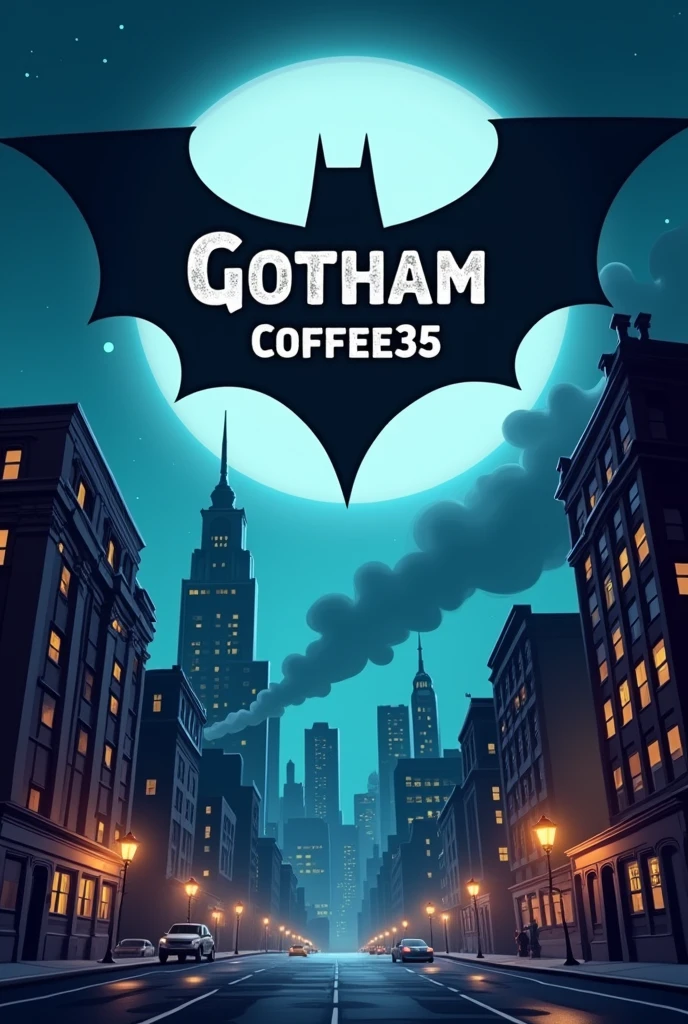 gotham city la nuit avec une bat-projection dans le ciel ou y'a ecrit sur la bat-projection dessus Gotham Coffe35 en cartoon