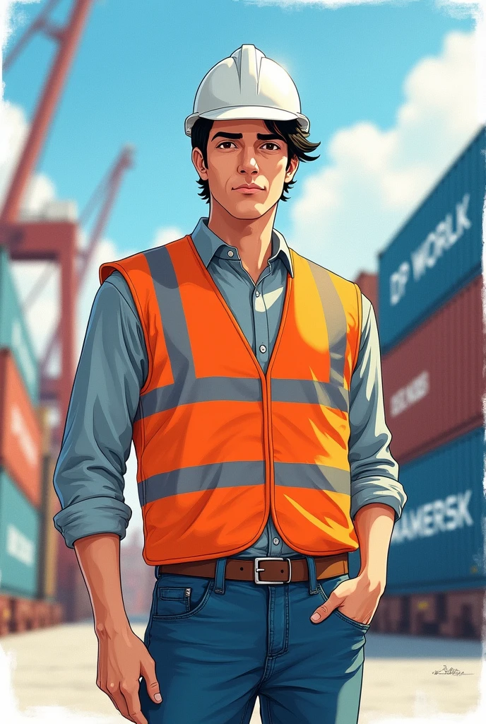 Hello, give me the image of a 2 man., who is a professional in International Business, clothing have customs worker clothes white helmet, orange safety vest and jeans, in the background is the DP WORLD port with Maersk containers, that has a hairstyle with a side part, black hair, and it has a watercolor outline, and the image can be seen up to the knee, that it be in the style of Studio Ghibli, and let his name Jorge Garcia come out, but he should be facing you and not have glasses on.