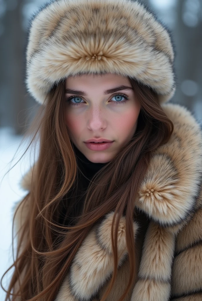 A female with brown hair and blue eyes in a furcoat and a fur hat