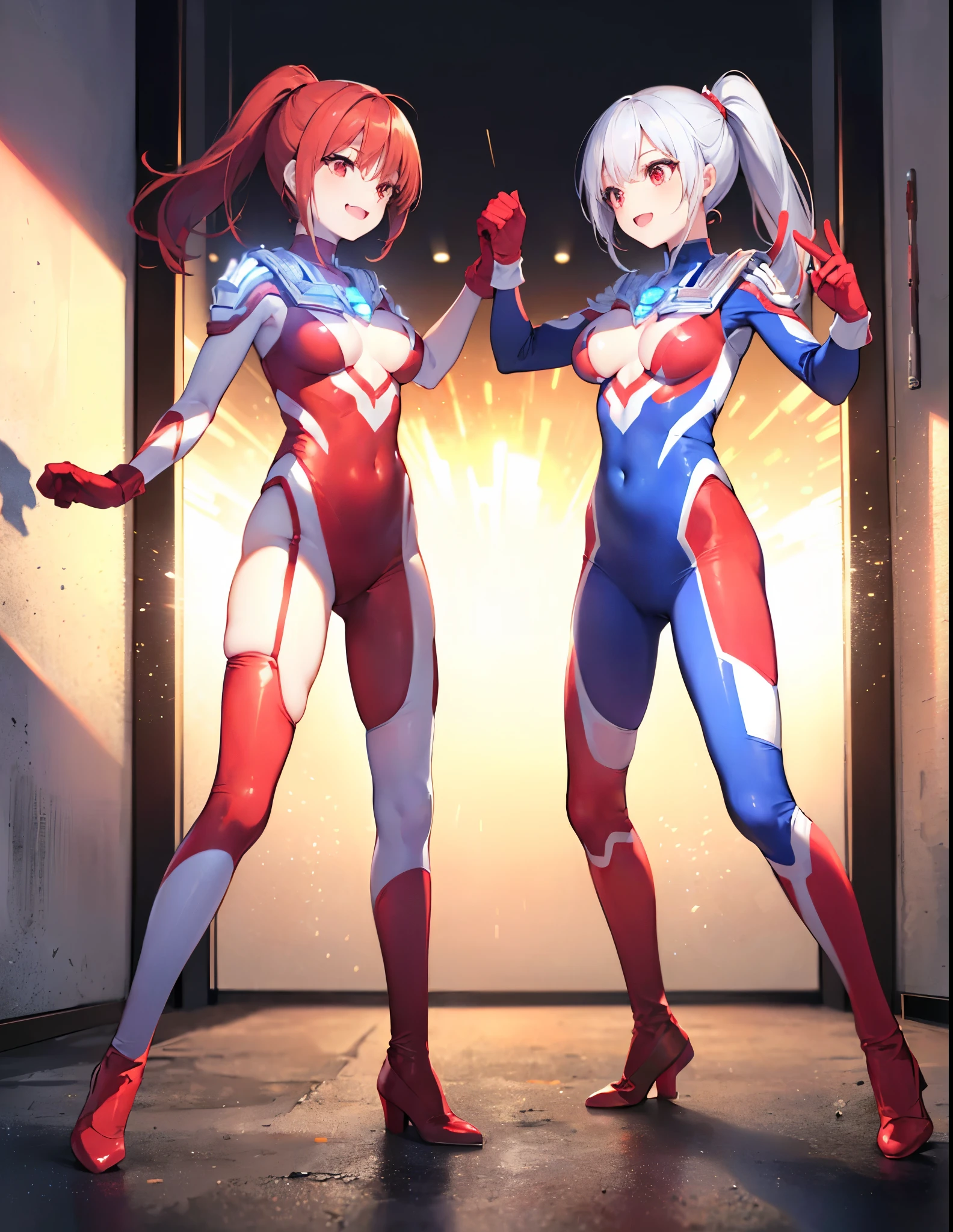 (Close-up:1.3),Realistic,Highest quality, Ultra Detail, High-quality CG rendering, The most delicate and beautiful, Floating softly, High resolution, (1 female), (Highest quality,4K,8k,masterpiece:1.2),(All red hair:1.5), (ponytail:1.5),(Red eyes:1.5), (Ultra Girl:1.0), (All red Ultraman bodysuit:1.5),(Do not expose your skin:1.5),(Slightly larger breasts:1.5),(Red gloves:1.4),(Red Shoes:1.4),(whole body:1.3),(smile:1.3),(Open your mouth a little:1.3),In a small room,(Are standing:1.4),(Fighting Pose:1.3)