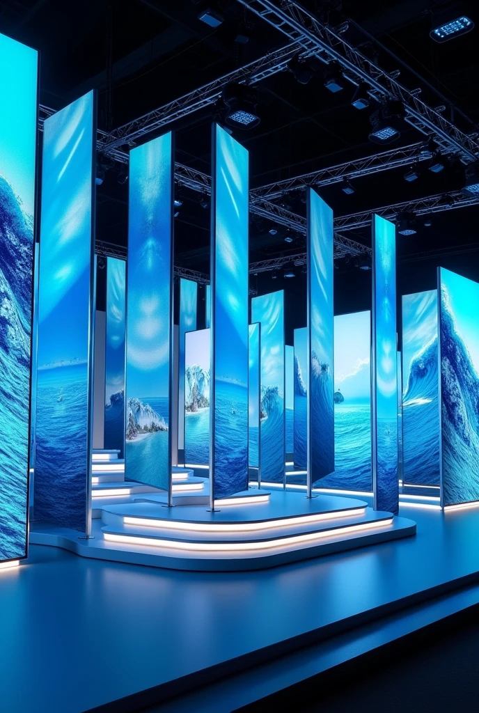 Set design for a sales convention with 360 degree stage, LED panels, blue colors, white and grey, blue wave theme and sea and surfing references.