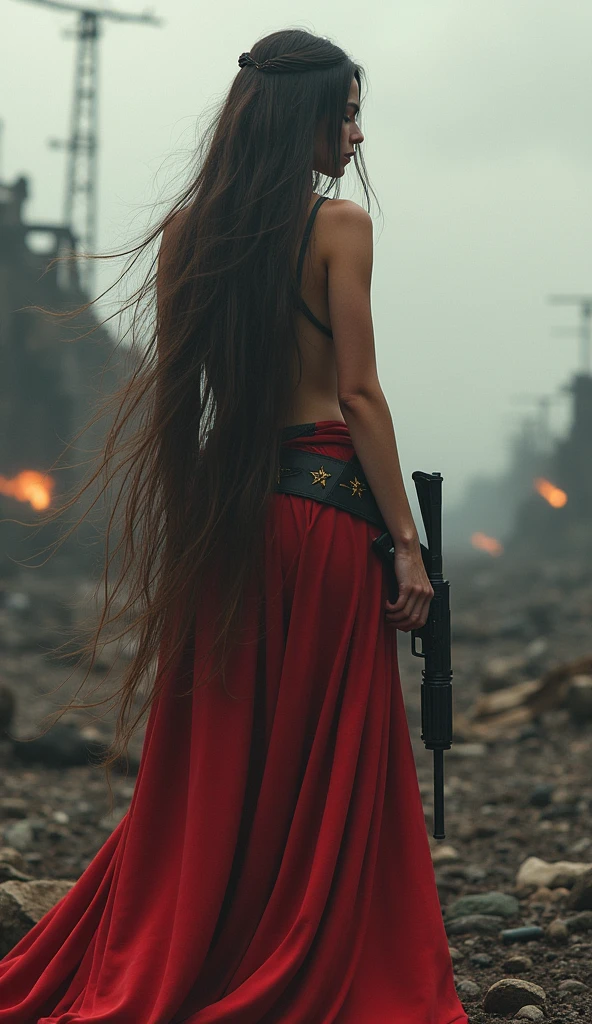 Pretty russian girl,((full body shot from hair to feet)), ((naked)),(NSFW), , , about 8 meters long hair, front body covered by longhair,, loose hair filling the entire ground, the ground is full of her long hair ,, laughing,,wear Russian army suit,tank, Russian flag,left hand hold a gun,war background,