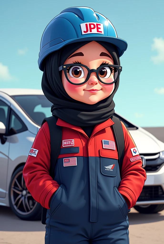 chubby fat girl with glasses wearing black hijab. wearing red and dark blue oil and gas coverall. black backpack, blue helmet with JPE logo font in red. modified silver honda jazz gk5 RS 2018 background. cartoon.
