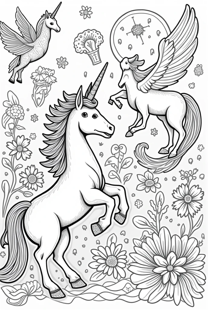 A 4k quality adult coloring book page of fairy tale creatures, based on historic writings, high detail, no color, no darkened areas, no grey scale, no shadow