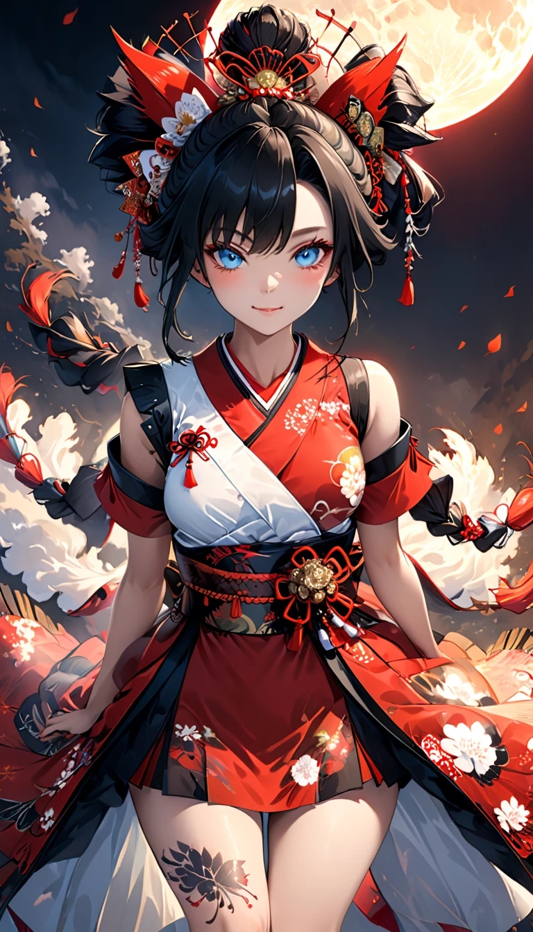 Ink painting, (((1 girl))), (((Tattoo in the middle of the forehead))),(((In the background is the Akatsuki moon))), (((Oiran))), (((Great hair accessories))), Demon possession, ((Masterpiece:1.2)), ((Highest quality)), Extremely detailed and delicate illustration style, Detailed leather texture, Detailed canvas texture, Very detailed description, (Masterpiece T), Extremely beautiful illustration, Highly detailed face, Raw image, professional, Ultra-high resolution panel, Complex details, Superior detail, Intricate decoration details, Perfect anatomy, real, figure、Blush,He smiles、Red poetry、long hair、usual clothes、Combat uniform、Visible collarbone、Beautiful feet、usual hairstyle、Highest quality, High accuracy, Unity wallpaper 8k, (figure:0.8), (Beautiful and beautiful eyes:1.6), Highly detailed face, Perfect lighting, Highly detailed CG, (Perfect hands, Perfect anatomy),
