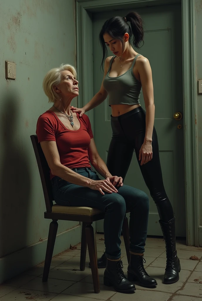 A blonde mature woman in short hair wearing underwear sitting on a chair with hands tied and sweating. An asian age girl in pigtails latex leggings and boots standing in front looks at the woman. Her left leg is on the womans shoulder