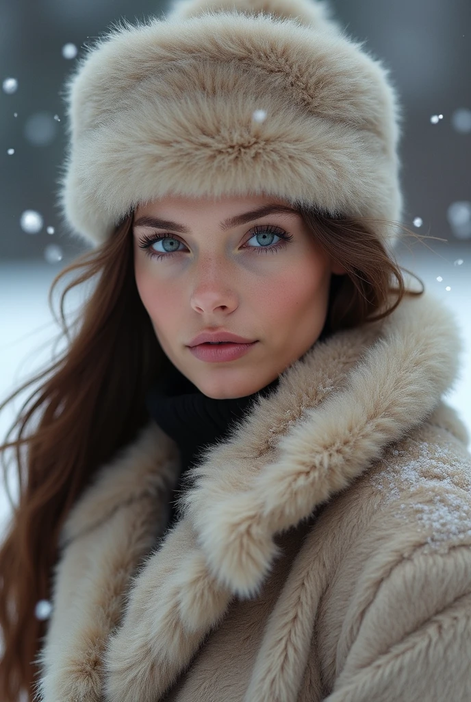 A female with brown hair and blue eyes in a furcoat and a fur hat