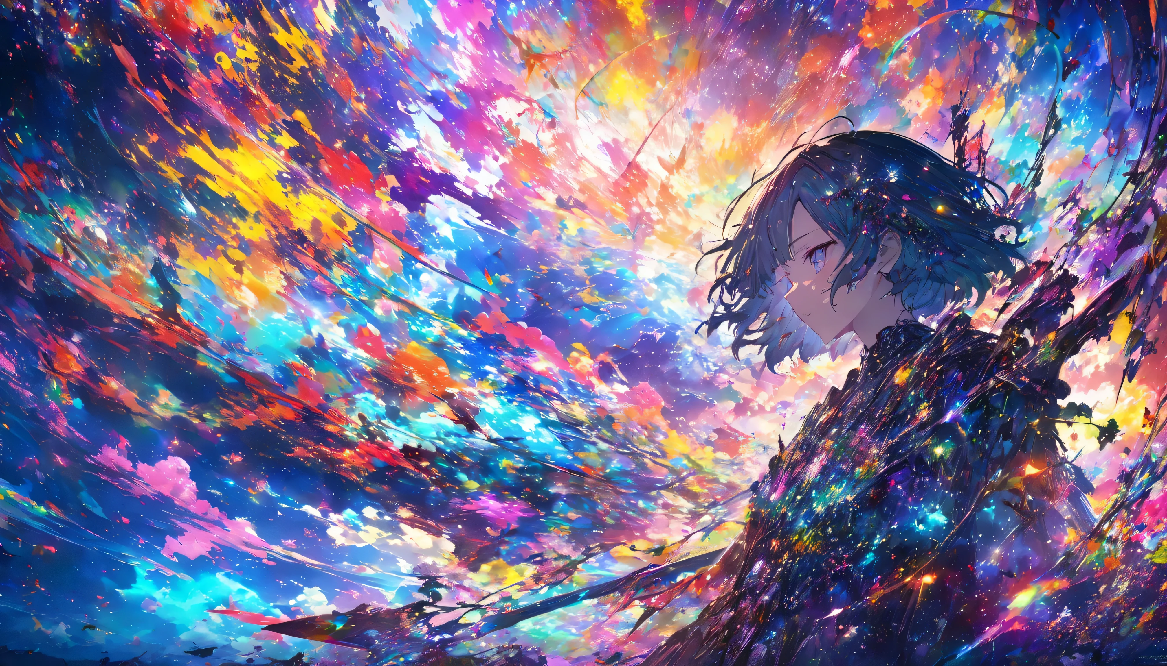 Close-up of a person holding a sword in front of a colorful background, anime art wallpaper 4k, anime art wallpaper 4k, Super colorful, anime abstract art, Dreamy psychedelic anime, Detailed anime art, Anime Style 4k, Anime Art Wallpapers 8K, Detailed digital anime art, Complex and gorgeous anime CGI style, Anime style digital art, By Yuumei