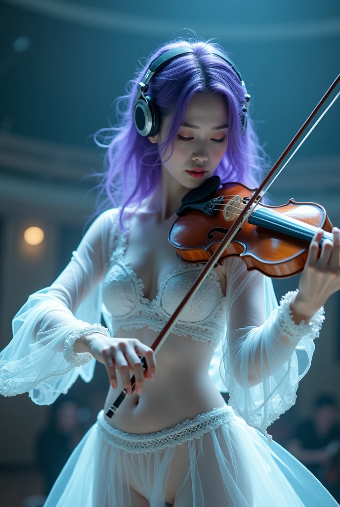 Korean purple hair butterfly woman with headphone and white outfit thin transparent costumes with orchestra instrument transparent costume orchestra stage background and apocalyptic costume holding instrument and sexy outfit elegant and transparent and white thin costume and sexy orchestra auditorium background
