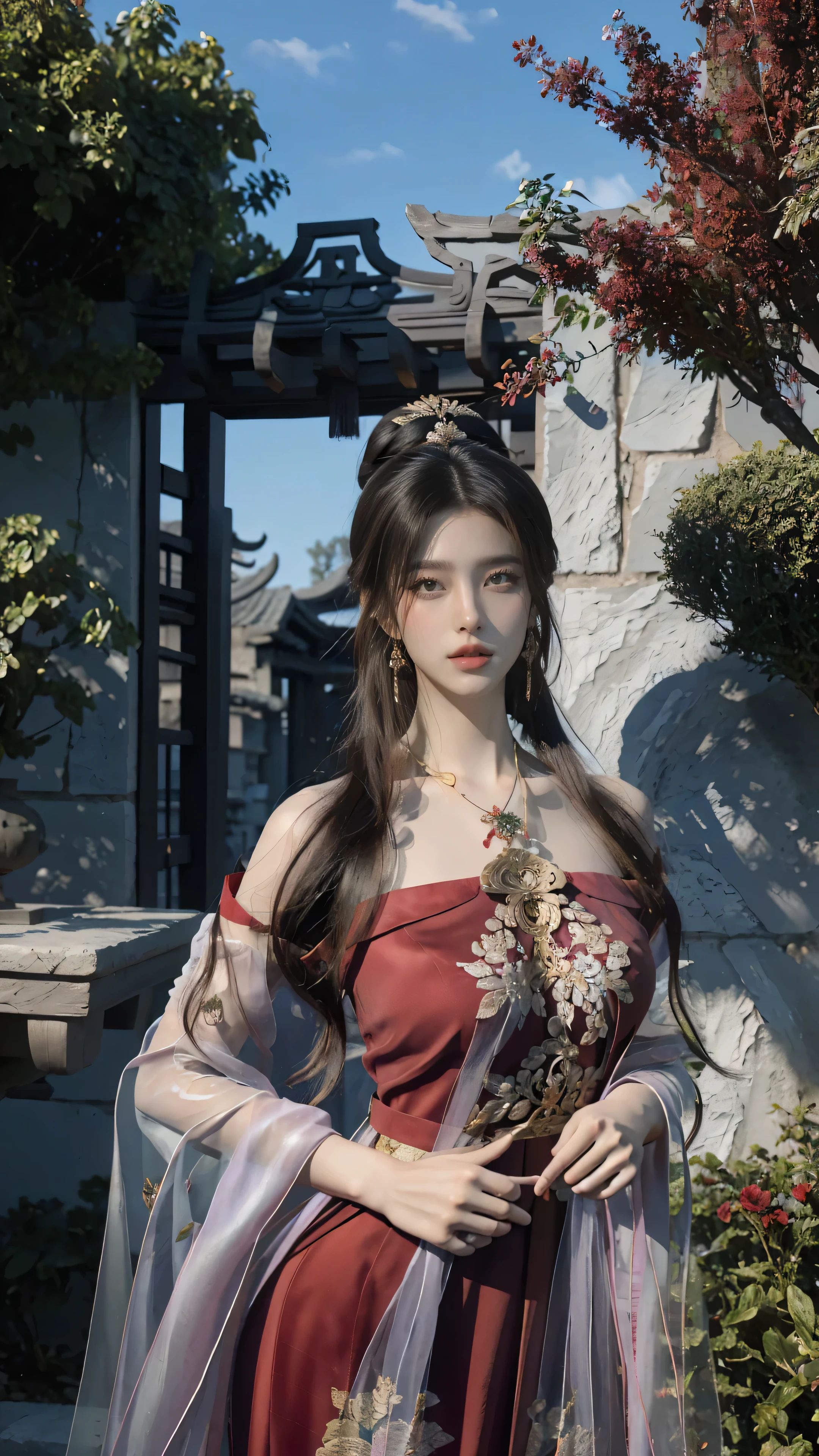 （masterpiece），（Ultra Detailed），（high quality），girl in red dress，（（Transparent tulle Hanfu）），Casual hairstyle，Hair Bun，Golden hairpin，Gemstone Earrings，Gemstone Necklace，Exquisite facial features，clavicle，（Large Breasts），Thin waist，Smooth and delicate skin，Chinese style，Ancient buildings，（Realism：1.2），Sky，White Cloud，garden，CG，8k