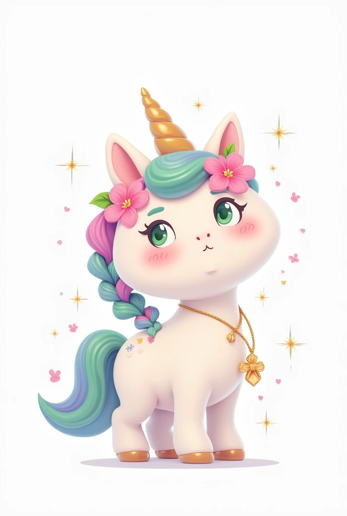 a white unicorn standing looking sideways, cute disney pixar style, round face, the unicorn is on its side and standing looking sideways forward , showing all unicorn, loose hair and three braids in the hair, rainbow colored hair and mane, around the hair small pink flowers with green leaves, Dedicated gold cord with delicate pendant around the neck, green eyes and the unicorn sparkles with some sparkles, female unicorn white background