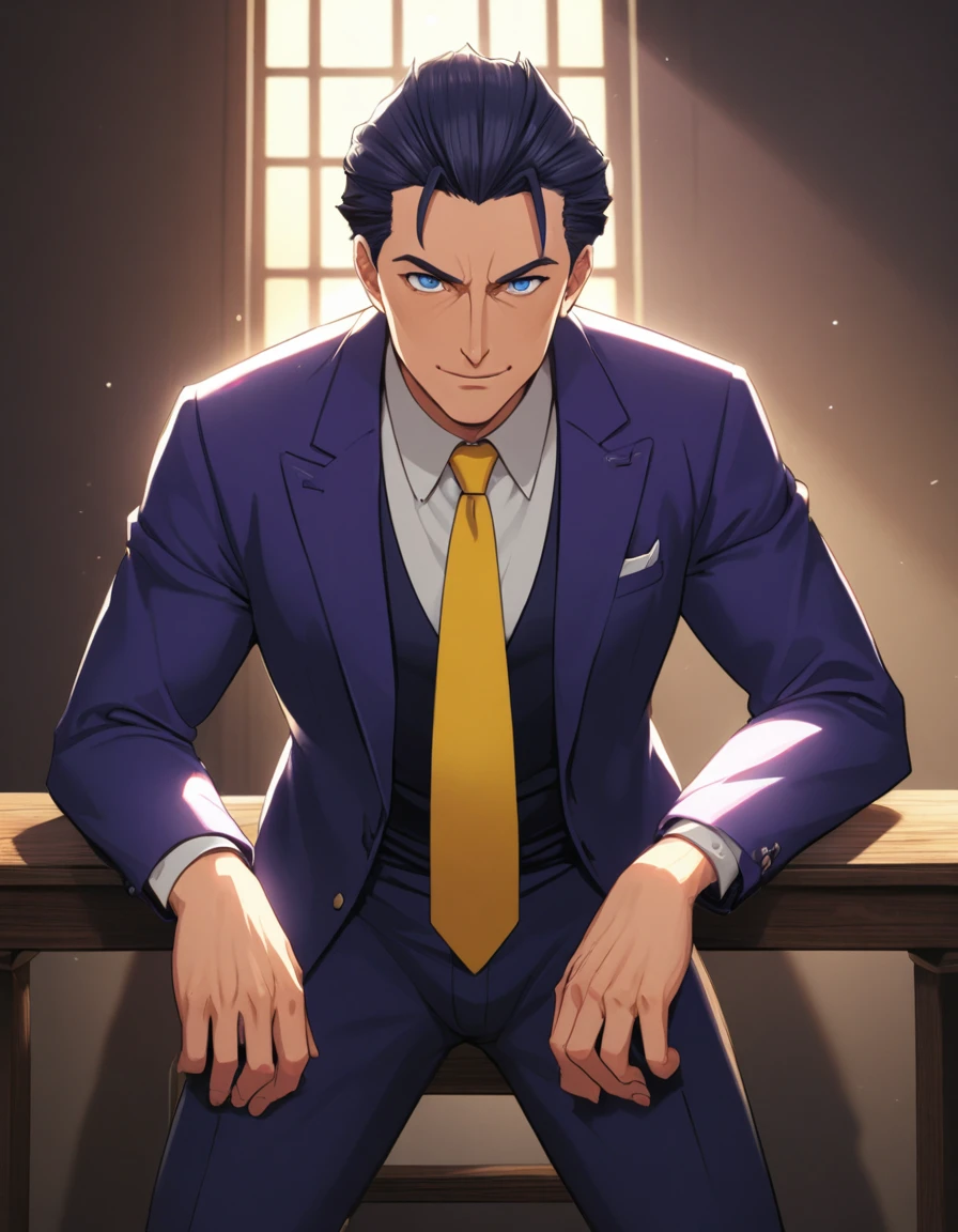 1man, mature father in hentai anime style, dandy president, olive hair, darkblue eyes, arafed businessman hairstyle, spiky hair slicked back, ideal ratio body proportions, BREAK over 40s, elder producer, toned dilettante, ordinary, high cheekbones, broad shoulder, square shaped face, handsome, BREAK violet formal jacket, purplewhite shirt, yellow necktie, simple costume, BREAK solid smile, cool emotion, BREAK solo, upperlegs, smart expression, animated color, 2000s, visual novel, in nitroplus style, BREAK depth of field, dutch angle, cinematic shadows, cinematic lighting, lens flare, light leaks, texture, absurdres absolutely resolution, extreme all detailed, greatest painting, BREAK masterpiece, best quality