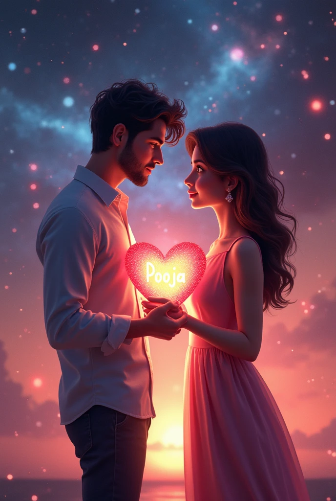 ROSHAN love Pooja stand in space
with holding heart in hand and name in heart Roshan love Pooja