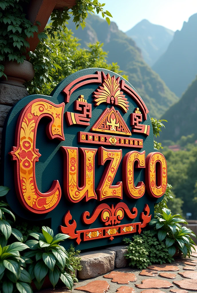 Cuzco sign in colorful Inca typography