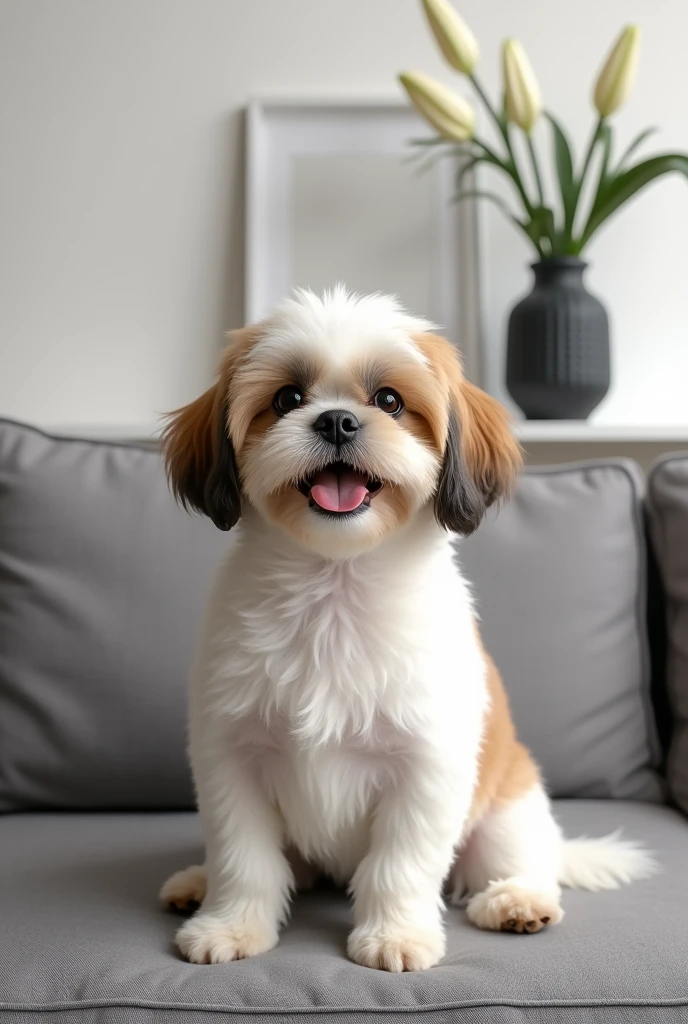 create a realistic photo of a white caramel and brown shitzu dog smiling with, sitting on the couch and show him full body sitting like a human, a minimalist room, gray sofa, white wall behind with white bisserie and a lily plant with white flowers in a black textured vase with a thin cylinder shape at the bottom and wide at the mouth in the background on the side. satin gray flooring on the floor