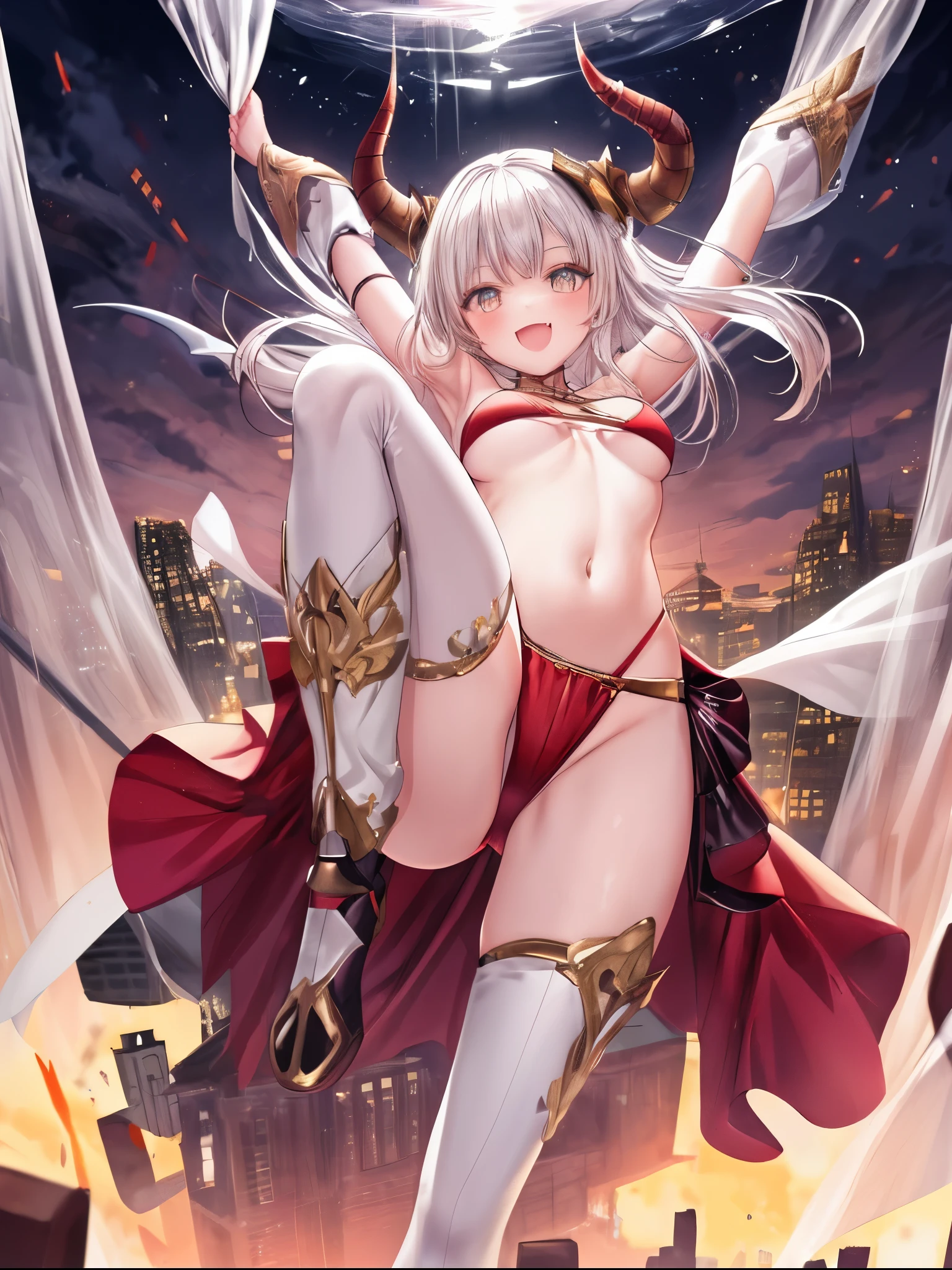 fantasy, 1devil_girl, low_, platina_blond_hair,long_bangs, bare_shoulder, navel out, thighhighs,silver_armor, red_Bikini,waist_armor, Glebe, hold_swords, large_tits, dynamic_floating_pose,Floating,(pelvic_curtain:1.3), silver_Headgear ,looking_down_at_sunrise_city_sky_background,,slightly_spread_legs,solo,horn ,smile,,open_legs,open_arms,rise_knee,rise_leg,rise_thigh,rise_leg,apart_legs,fang,Shiny_gold_eyes,crotch