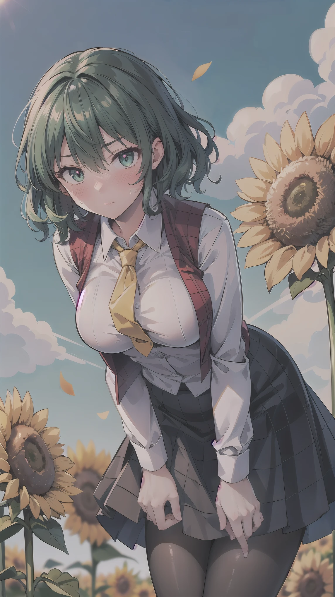((super high quality,Ultra-high resolution,16K,super masterpiece,Ultra HD ,Detailed shading,))One Woman,Shiny, light emerald-colored short hair with wavy, tousled hair caused by the wind,White dress shirt,Long sleeve,Yellow ruffled tie,(Unbuttoned red checked vest,A red checkered very long skirt that was blown up by the wind,)Black tights,Ruby eyes,Vertical pupil,Sharp Eyes,Embarrassing,blush,Sweaty,Many yellow petals blowing up,Leaning forward greatly,a blue sky with clouds and sun,Sunflower field,