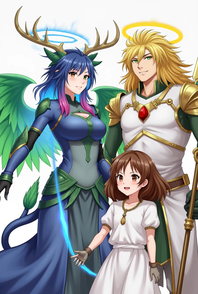 A woman wearing blue armor that covers her body with green details,Her armor is not sexy and she has blue hair and the tips of her hair are pink, she has deer antlers, one eye is blue and the other is brown, She has green feathered wings and a lion's tail, Her hands have black, jagged nails and she releases blue fire, next to her is a girl with loose curly brown hair, she wears a simple white dress, Her eyes are brown and she is holding hands with a man with long blond hair. He is wearing white armor with gold details., wears a red stone necklace and has green eyes, he holds a golden spear and has a yellow aura. Ps three characters are smiling