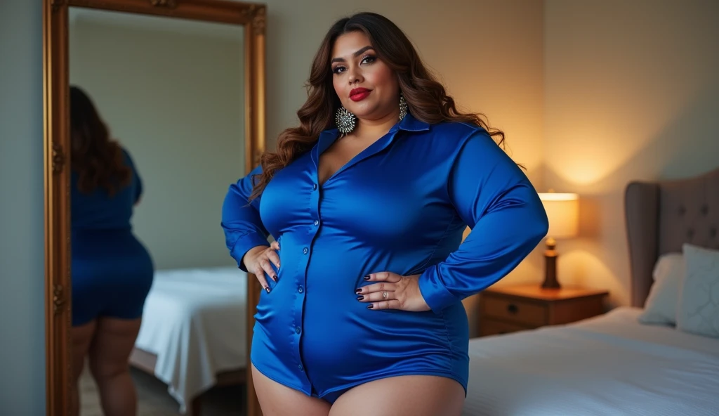 Overweight curvy Big body fashion model wearing  blue bodybuilder shirt long full neck shaped party dress her big breasts representing their size she is inside her bedroom with lipstick long earnings love posing with long brown hairs holding for selfie full body in mirror 