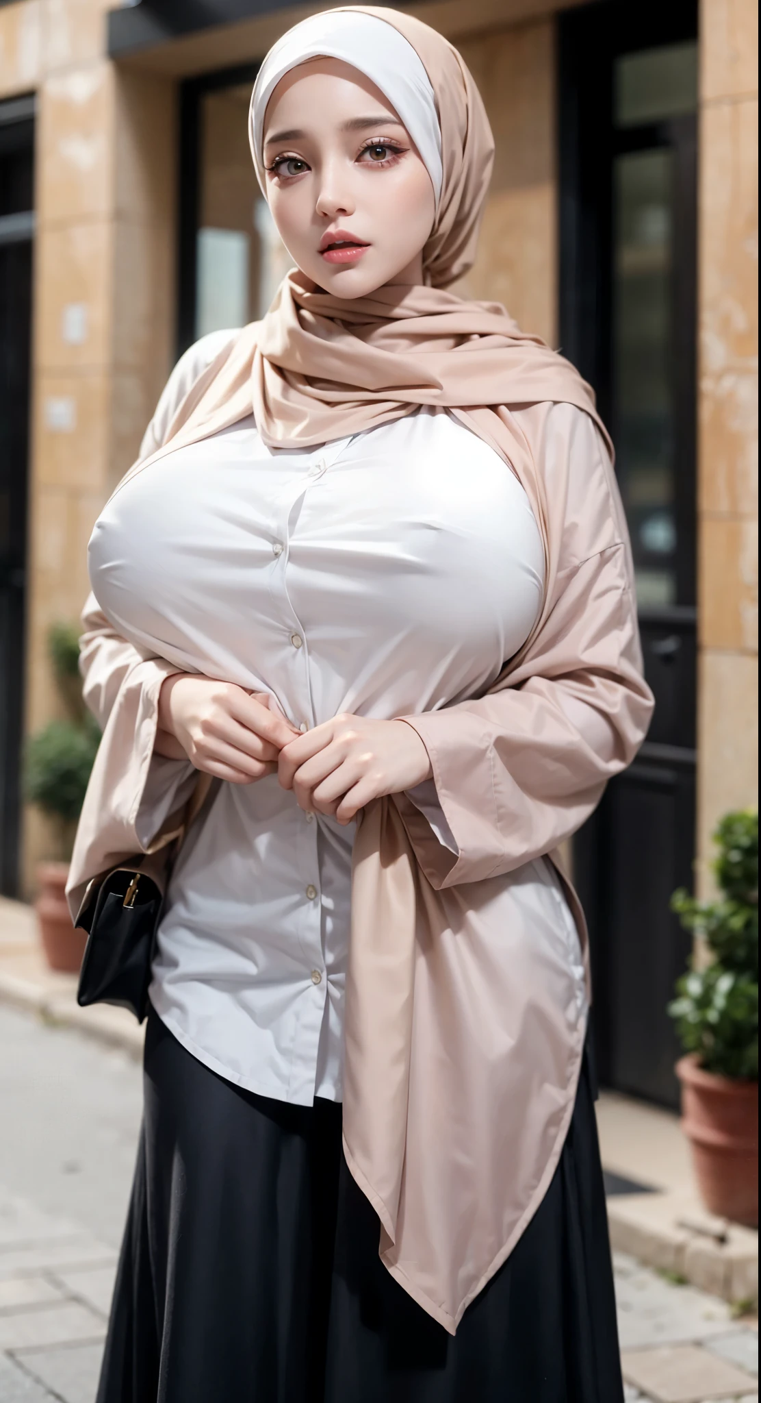 Big boobs, yellow hair color,red ayes,Hyper realistic, Ultra detail, hijab red, big breast