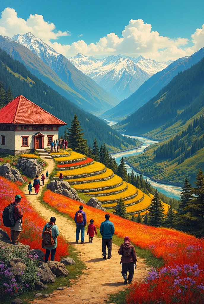 Acrylic painting representing himachal culture and landscape