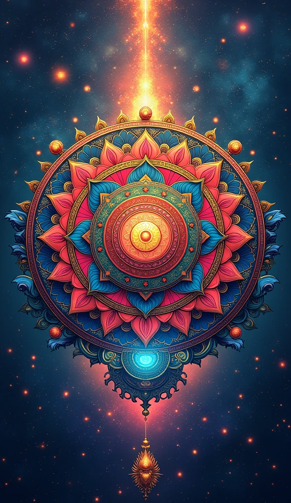 Aesthetic High definition android wallpaper based on colorful, detailed and elaborated mandala illustration on Hindu culture, scriptures &symbols in vedic style and circular form with an astounding background