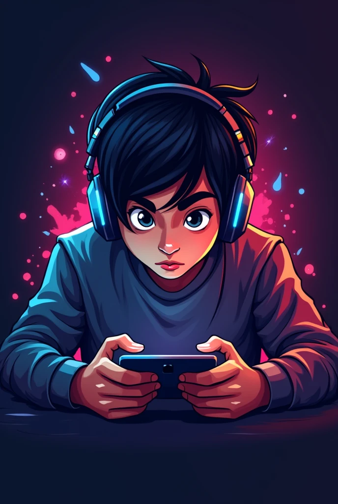 create a gaming logo ,a indian teen boy (straight hair)with gaming headphones and apple iphone playing game on it