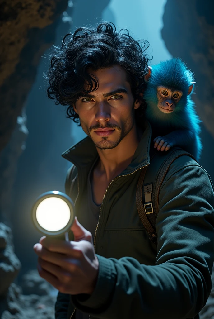A handsome twenty-five year old man, with black hair, curly and long to the shoulders. green eyes. Walk through a dark cave with a flashlight in your hand. On his shoulder is a blue-haired pygmy monkey. photorealistic