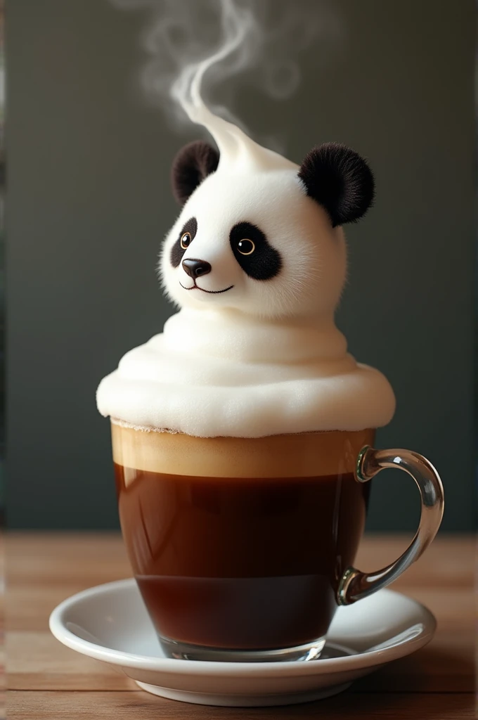 a latte transcends its usual boundaries. The cup, brimming with rich coffee, sees its frothy milk crown spill over, not in chaos but in artful design. The overflowing foam, pure white against the dark coffee, magically transforms into the 3D silhouette of a [ panda ] are meticulously crafted from the foam, creating a serene, almost mystical image. This isn't just a drink; it's a moment of playful elegance, where coffee meets creativity in the most delightful way