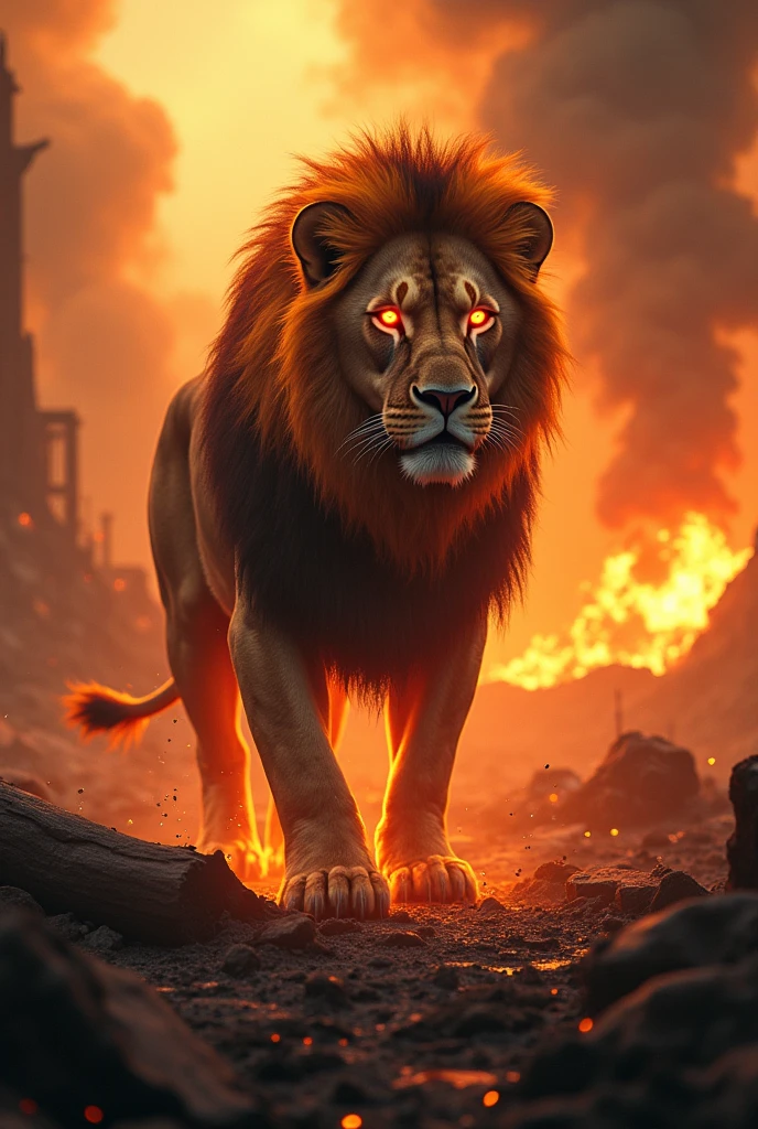 Apocalyptic lion with eyes of fire and everything around you destroyed by fire