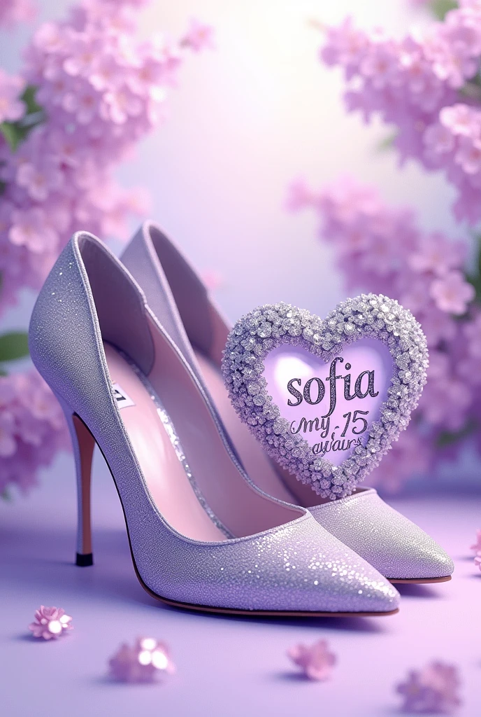 Illustration of a pair of lilac-colored women's high-heeled shoes with silver glitter next to a silver and lilac heart, which bears the name of very beautifully and brilliantly "sofia" and the phrase "my 15 years" with shiny metallic letters, on a background of lilac flowers, white and silver.