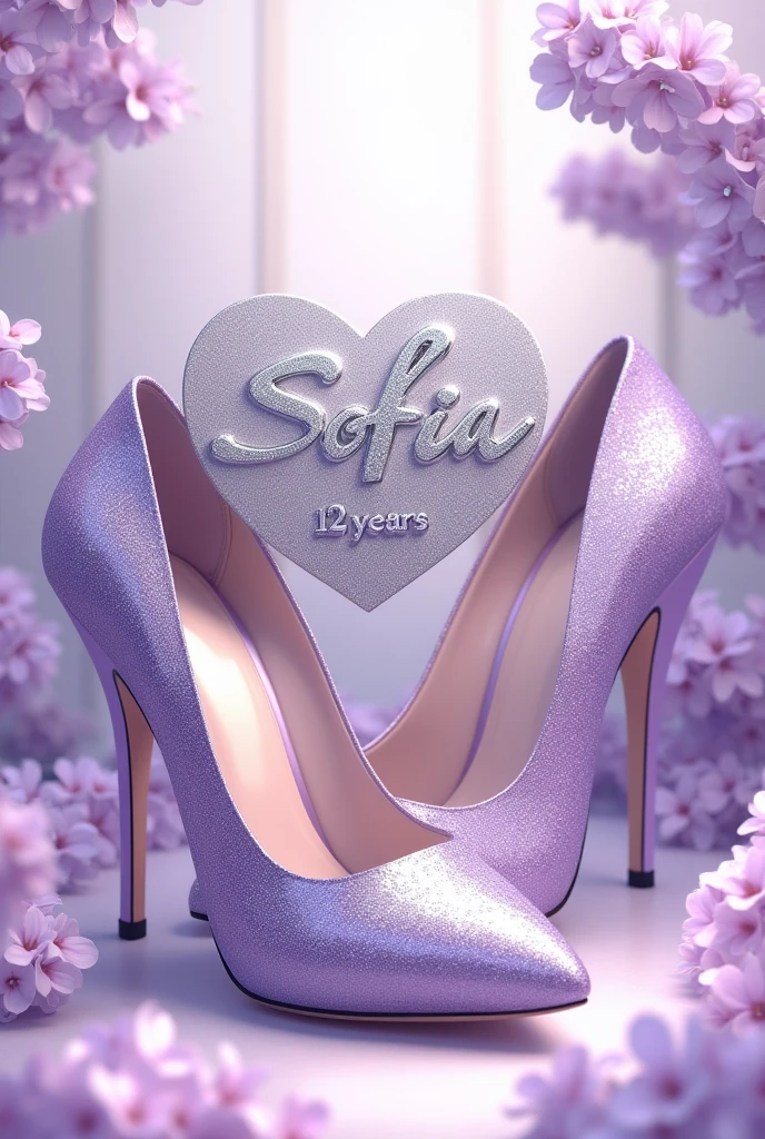 Illustration of a pair of lilac-colored women's high-heeled shoes with silver glitter next to a silver and lilac heart, which bears the name of very beautifully and brilliantly "sofia" and the phrase "my 15 years" with shiny metallic letters, on a background of lilac flowers, white and silver.