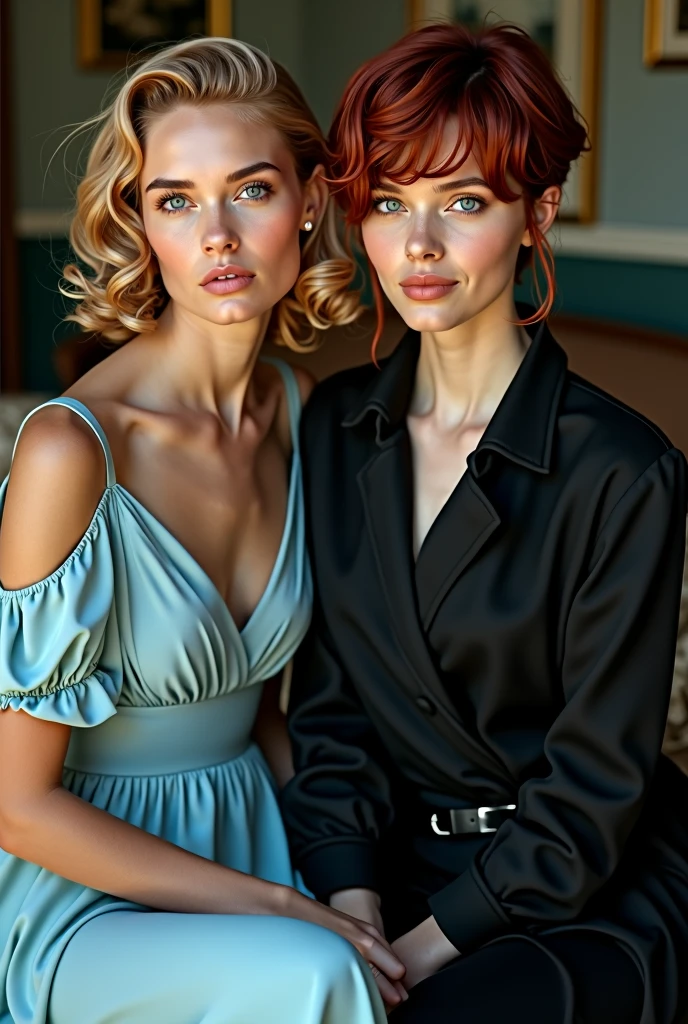 Two beautiful women sitting side by side, appearing to pose for a photograph. On the left is a 2 version of actress Grace Kelly. Grace has wavy, light strawberry blonde hair styled in soft waves, wearing a modest, sky blue chiffon dress that radiates elegance. On the right is a 2 actress Emma Myers. Emma has short, dark red hair with a slightly tousled look, dressed in black alt clothing that exudes a sense of edge and grunge. The women are positioned close together, creating a striking contrast between Grace's classic refinement and Emma's modern, rebellious style.