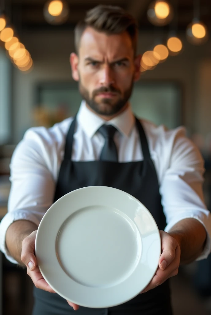 A waiter serving a empty plate neare camera more nare to us male waiter with serious not angry face