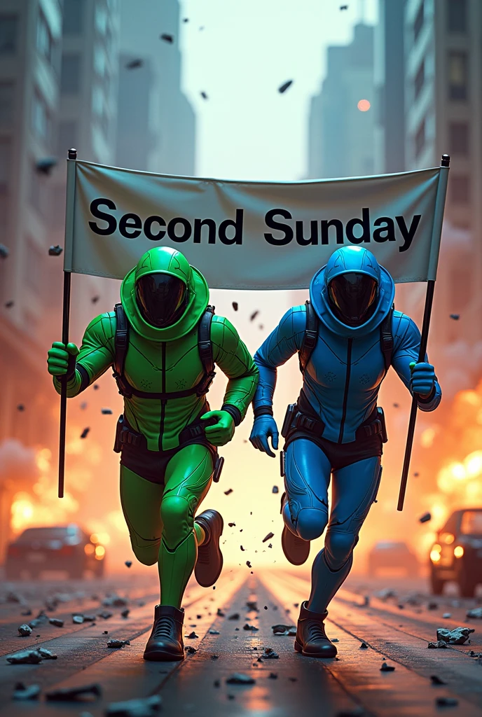 Cyberpunk Ingress enlightened agent wearing green and resistance agent wearing blue, explosion background, running, holding a banner that says SECOND SUNDAY