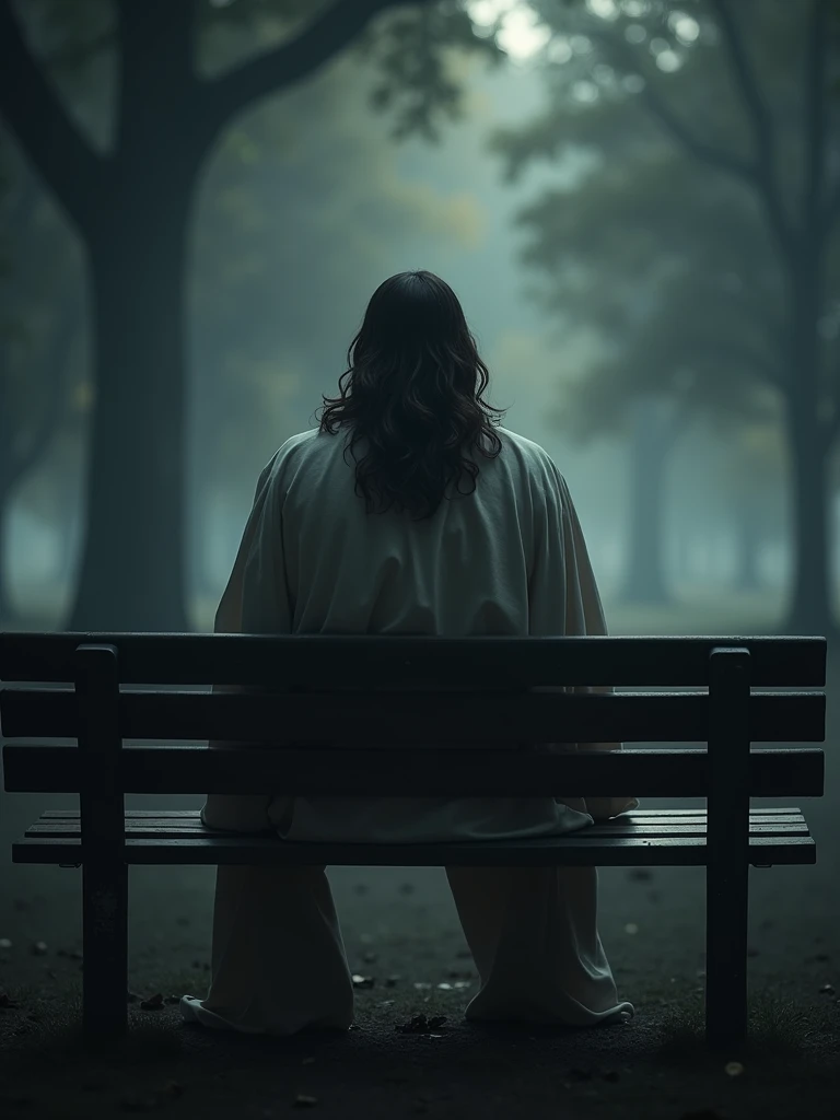 Create a realistic image of Jesus sitting on a park bench designed for two people. Jesus should be positioned with his back to the viewer, at a 45-degree angle, with detailed focus on his robes and hair. The scene should evoke a sense of suspense, featuring dim, diffuse lighting, dark trees, and subtle mist to create a mysterious and intriguing atmosphere."