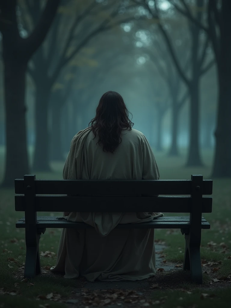 Create a realistic image of Jesus sitting on a park bench designed for two people. Jesus should be positioned with his back to the viewer, at a 45-degree angle, with detailed focus on his robes and hair. The scene should evoke a sense of suspense, featuring dim, diffuse lighting, dark trees, and subtle mist to create a mysterious and intriguing atmosphere."