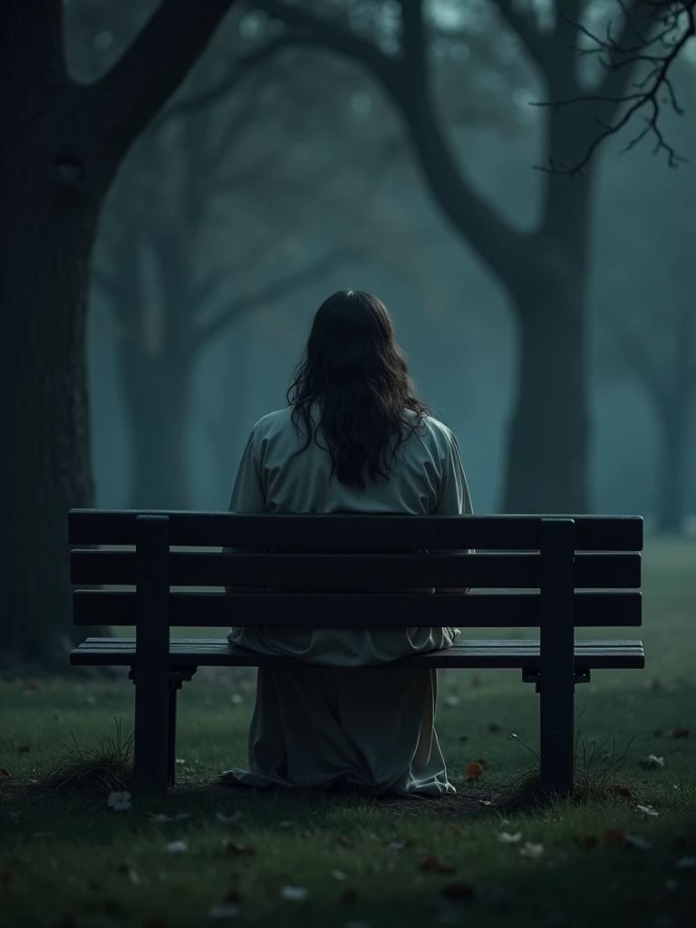 Create a realistic image of Jesus sitting on a park bench designed for two people. Jesus should be positioned with his back to the viewer, at a 45-degree angle, with detailed focus on his robes and hair. The scene should evoke a sense of suspense, featuring dim, diffuse lighting, dark trees, and subtle mist to create a mysterious and intriguing atmosphere."