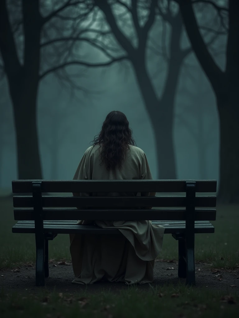 Create a realistic image of Jesus sitting on a park bench designed for two people. Jesus should be positioned with his back to the viewer, at a 45-degree angle, with detailed focus on his robes and hair. The scene should evoke a sense of suspense, featuring dim, diffuse lighting, dark trees, and subtle mist to create a mysterious and intriguing atmosphere."
