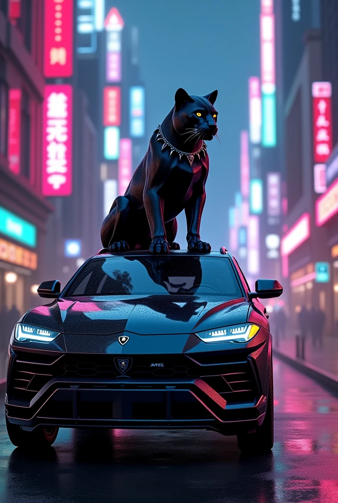 Black panther sitting on Lamborghini urus in black city in neon light